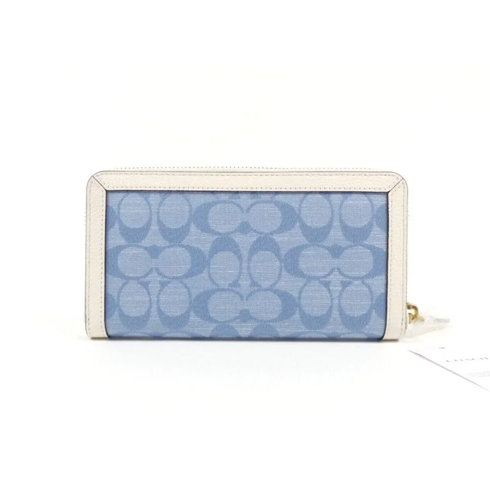 Coach Signature Light Washed Denim Chalk Accordion Zip Wallet NWT C5684